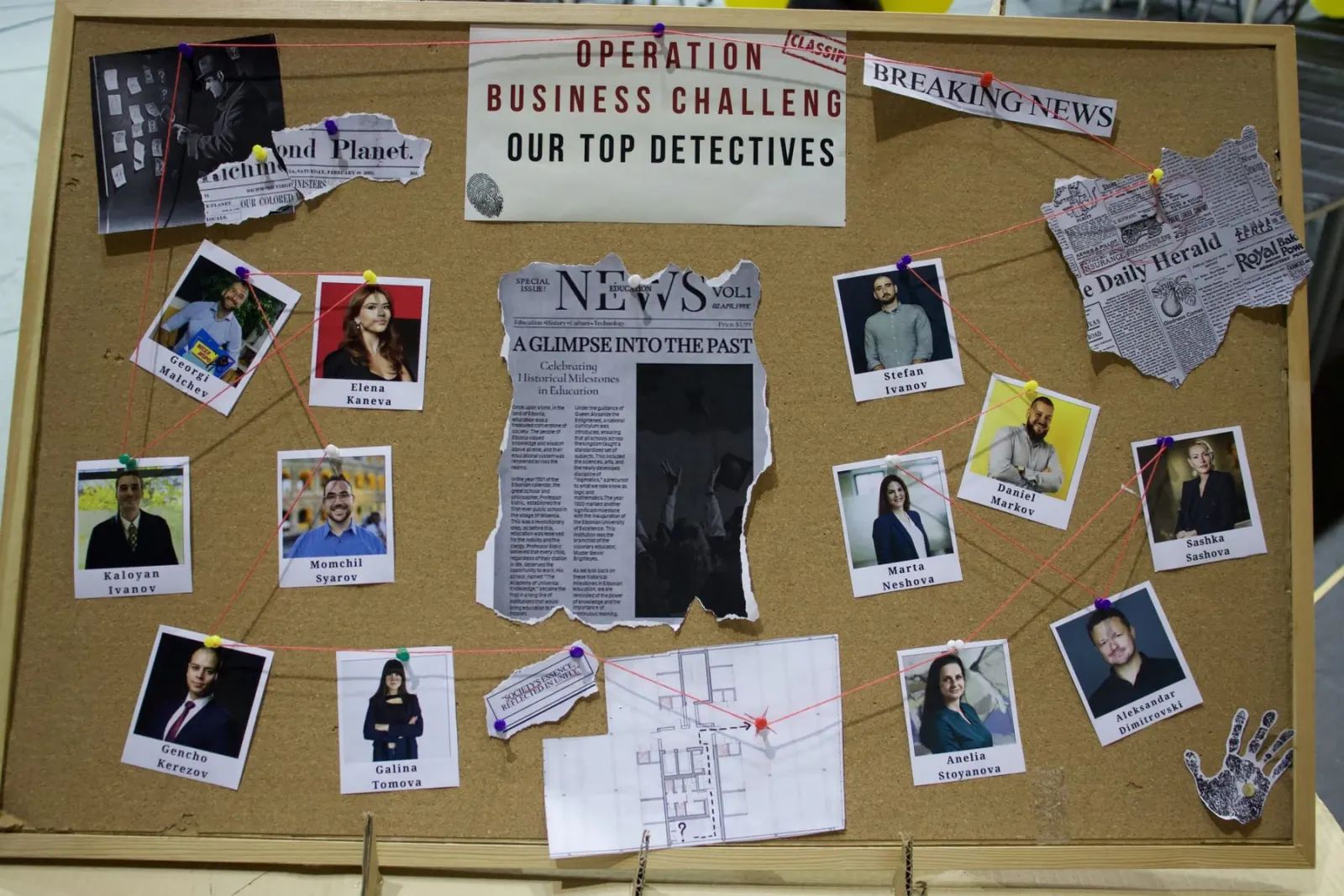 The Mission 003 mentor board with mentor photos pinned like a detective wall